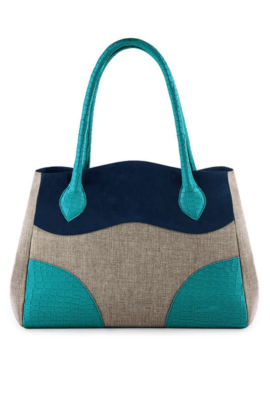 Natural beige and navy blue women's dress handbag, matching pumps and belts. Top view - Florence KOOIJMAN